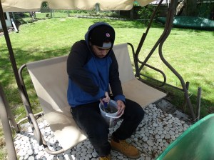 Cris, mising the mortar.