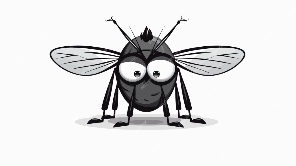 A cartoon-style illustration of a black fly with oversized eyes and a playful expression.