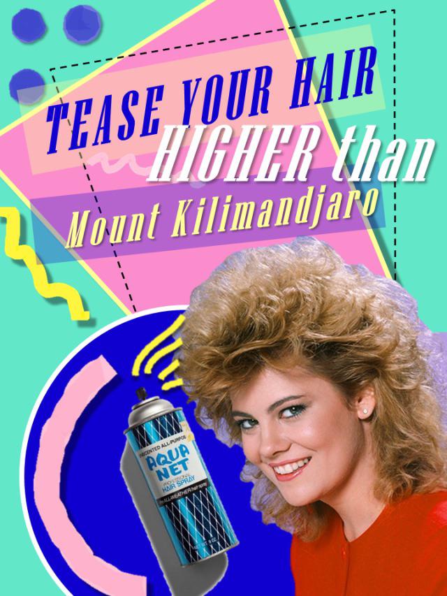 A woman with voluminous, teased hair smiling next to a can of Aqua Net hair spray, set against a colorful 80s-inspired background with playful geometric shapes and retro typography.