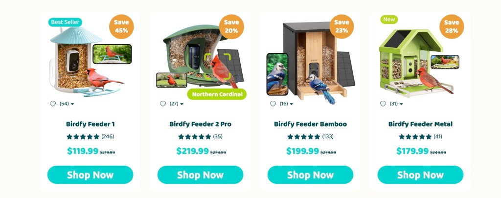 A selection of four different Birdfy bird feeders with pricing and promotional information displayed, featuring images of birds, including a cardinal and a blue jay.