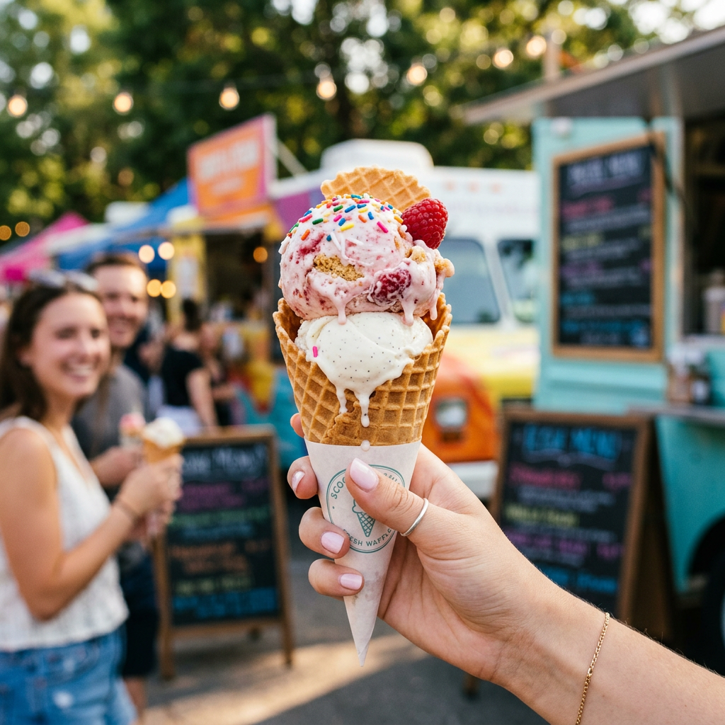 Hand holding double-scoop ice cream cone with sprinkles and raspberry