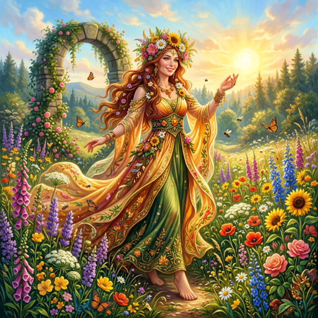 A woman in a flowing dress adorned with flowers walks barefoot through a meadow filled with colorful flowers, butterflies, and bees at sunrise.