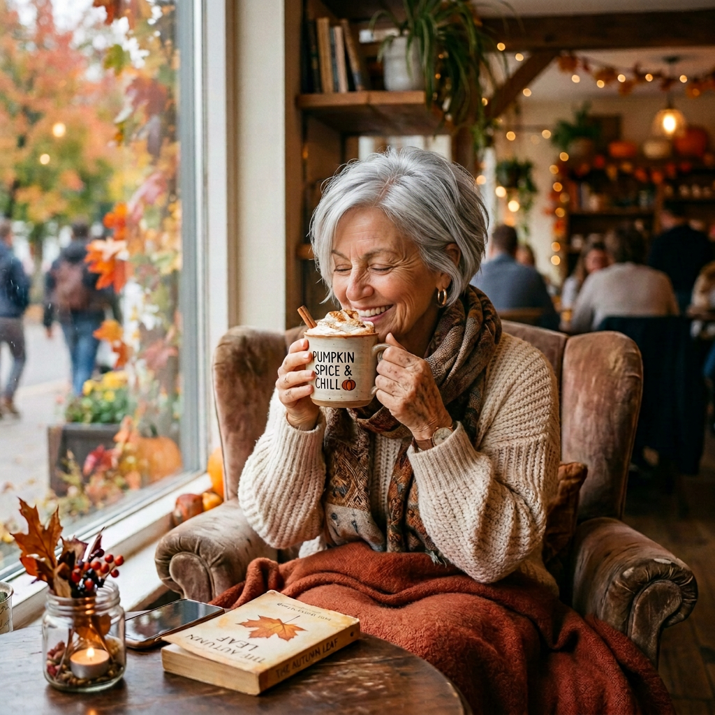 A cheerful older woman enjoying a pumpkin spice drink while seated in a cozy cafe. She is wrapped in a warm blanket with a book and decorative items on the table.