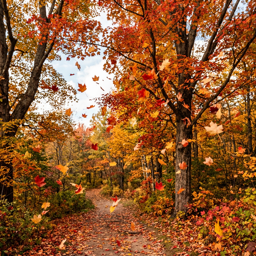 Leaf-covered trail winding through a colorful autumn forest
